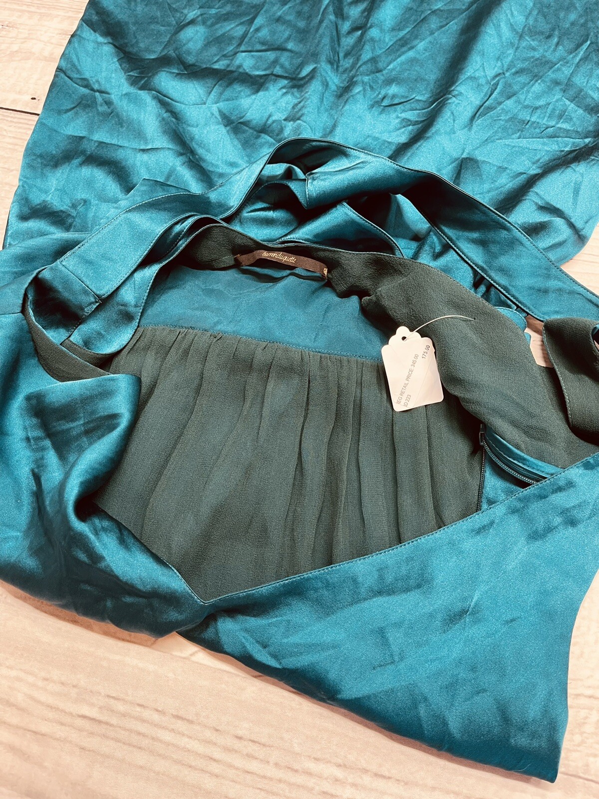 NEW BARRON DUQUETTE Medium 35” Bust Teal Silk Satin Long Dress *AS IS See Pics