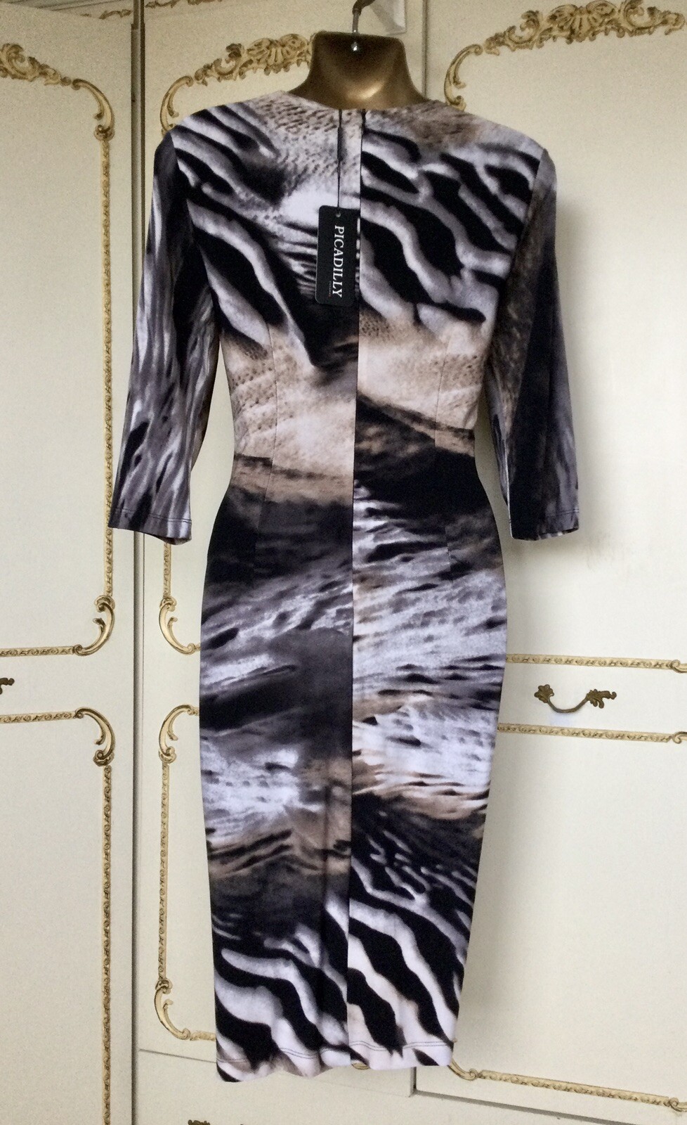 PICADILLY UK 10 Canadian Designer Black / Ivory Multi Print Dress NWT RRP £159