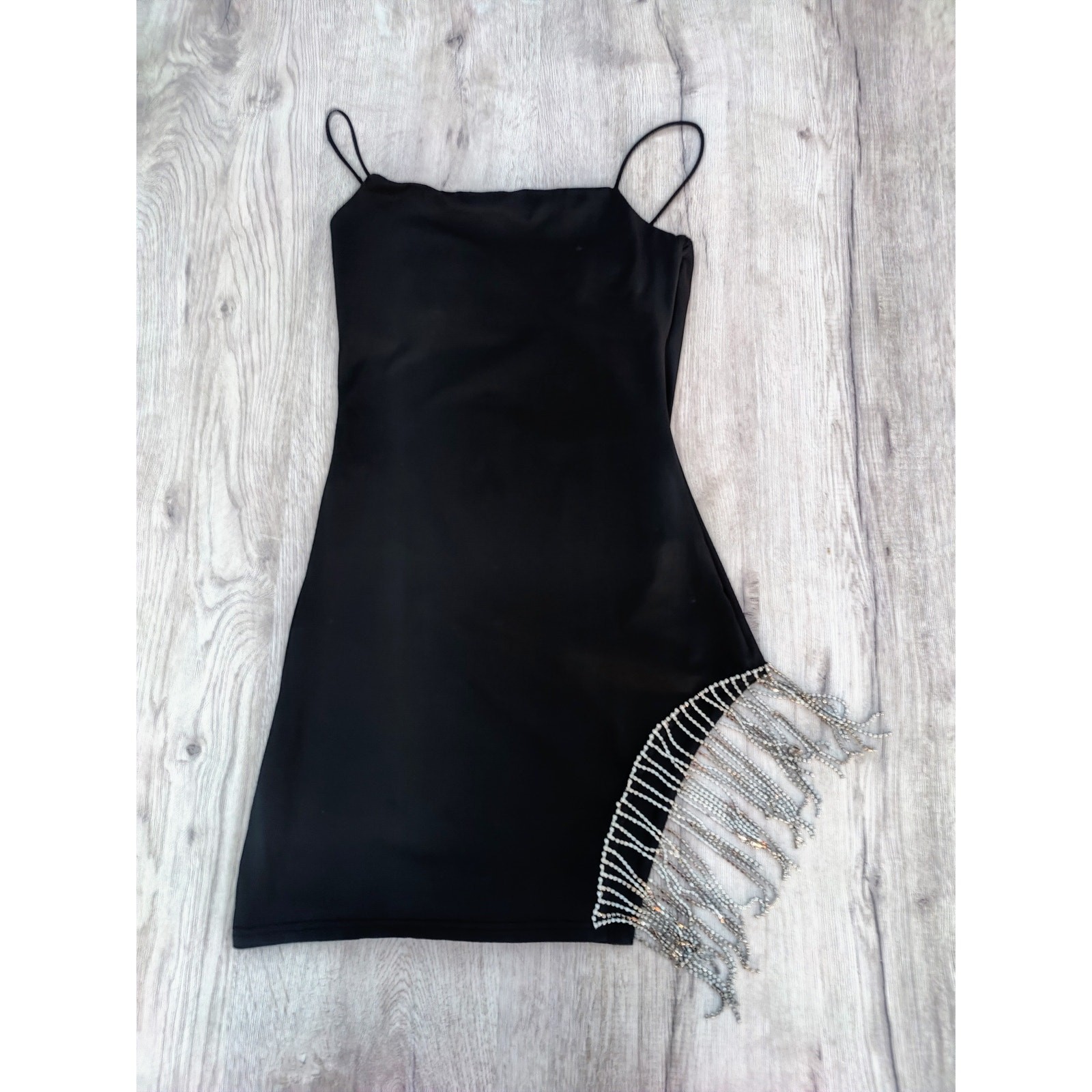 Rhinestone Fringe Black Mini Dress Side Slit Bodycon Party/NYE Clubwear