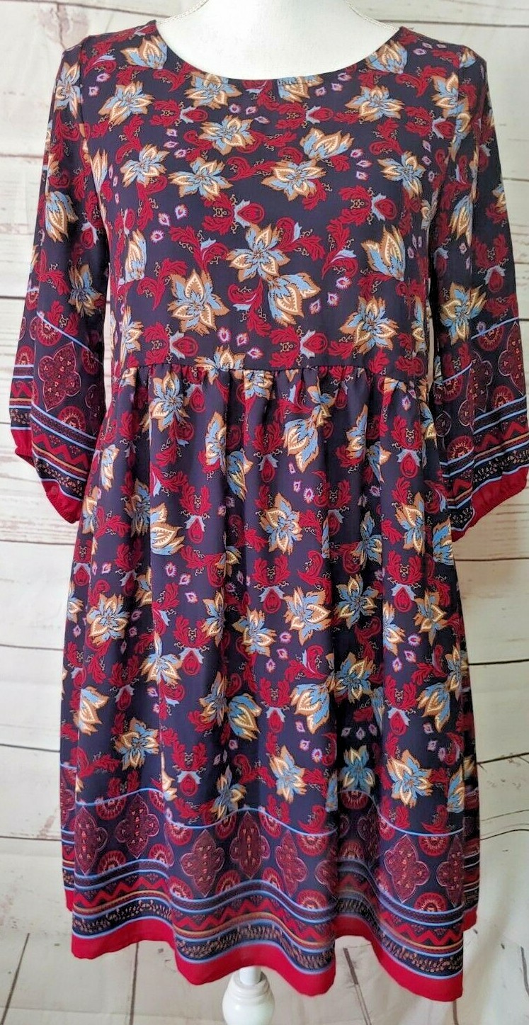 Everly 3/4 Sleeve Floral Print Sheath Dress Small Blue Multi-Color Semi Sheer