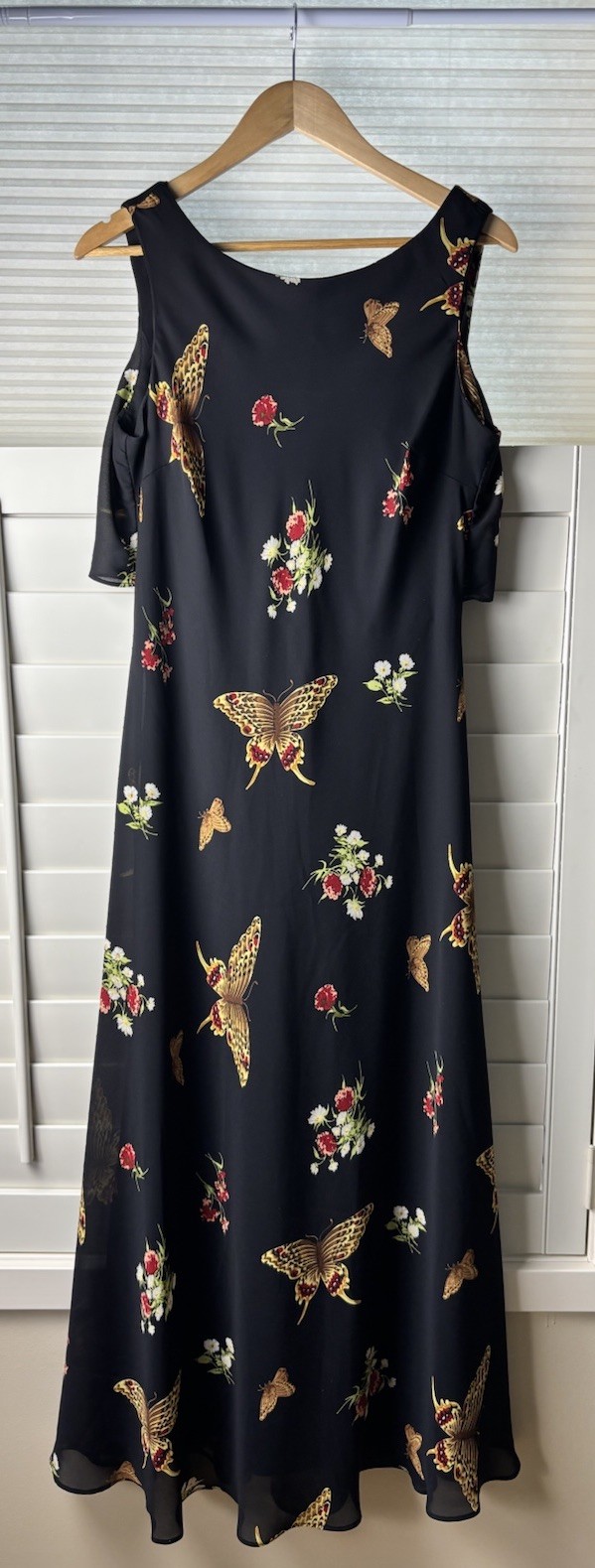 Vintage Sleeveless A-Line Maxi Capelet Back Overlay Butterfly Print Dress Sz 14