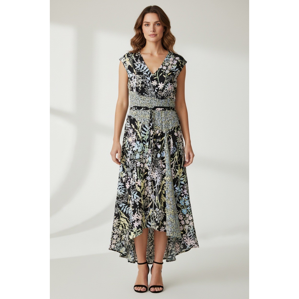 Calvin Klein Womens Floral High Low Handkerchief Hem Midi Dress Black Multi 8