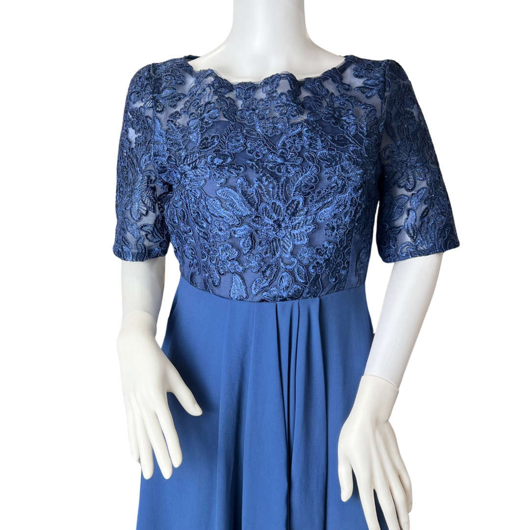 TS Conture Dress S Navy Blue Tea Length Embroidered Lace Bodice Chiffon Skirt
