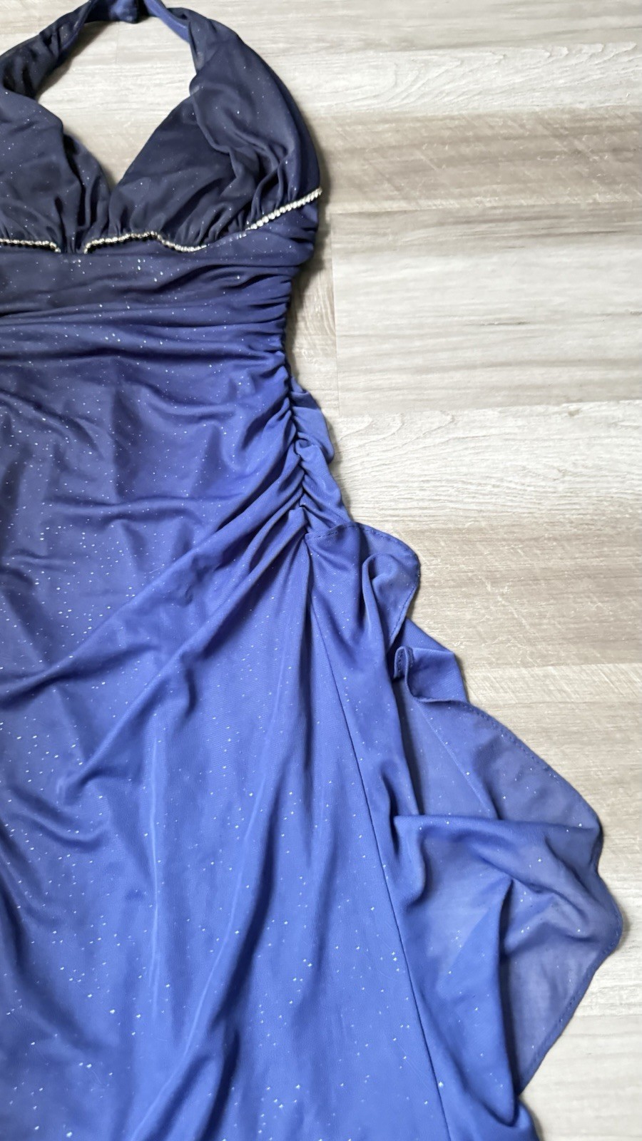 BETSY & ADAM Linda Bernell Blue Halter Ruched Beaded Chiffon Sheath Dress 4