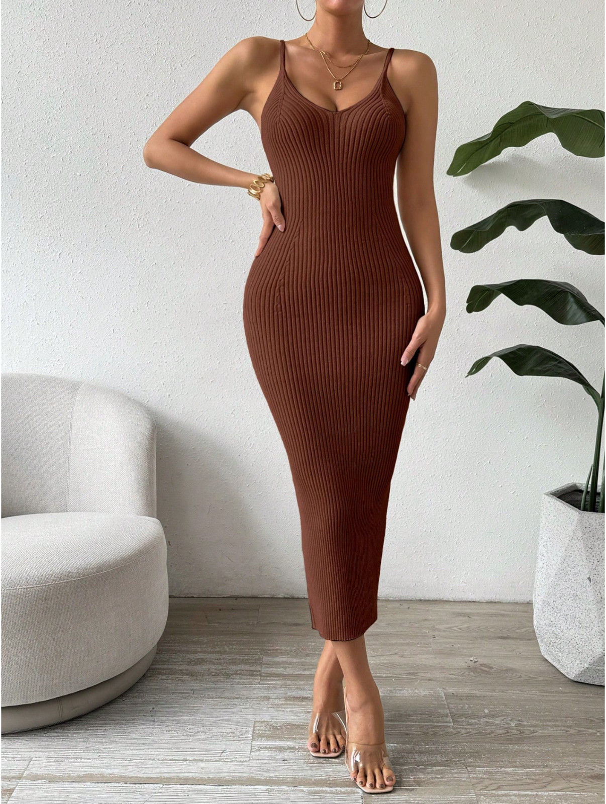 Brown Clasi Casual Solid Color Slim Fit Knit Tank Dress Sz S M L