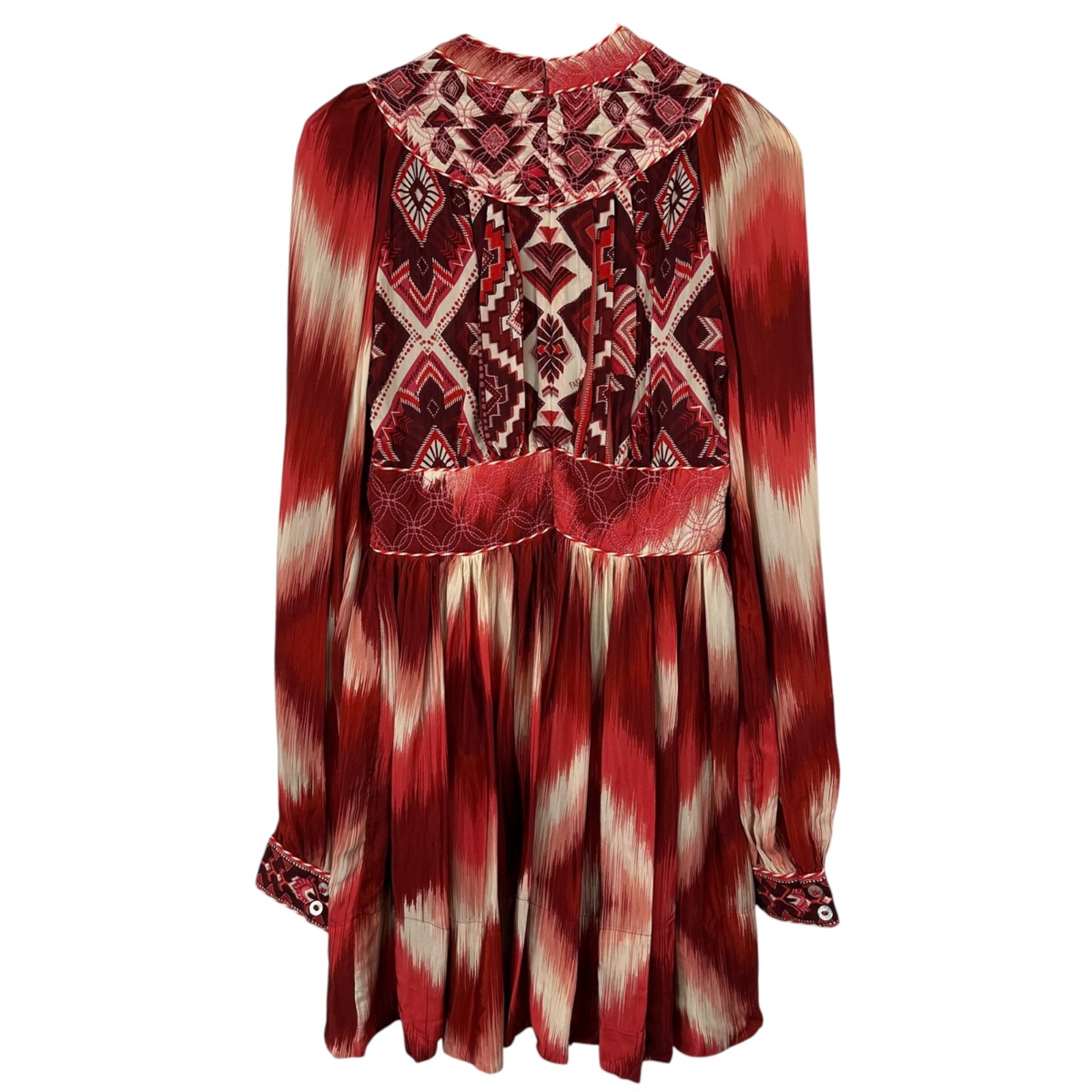Farm Rio Ikat Boho Quilted Embroidery Puff Sleeve Mini Dress Size S Festival 70s