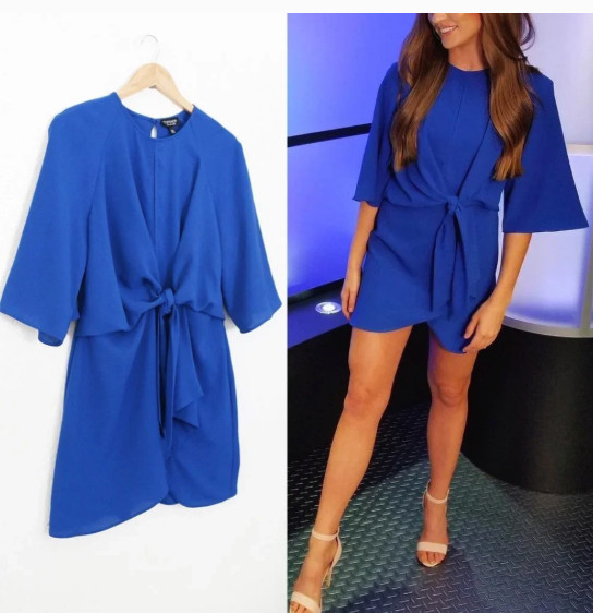 Topshop Dress Wide Half Sleeves Knot Tie Front Cobalt Royal Blue Mini Dress US 8