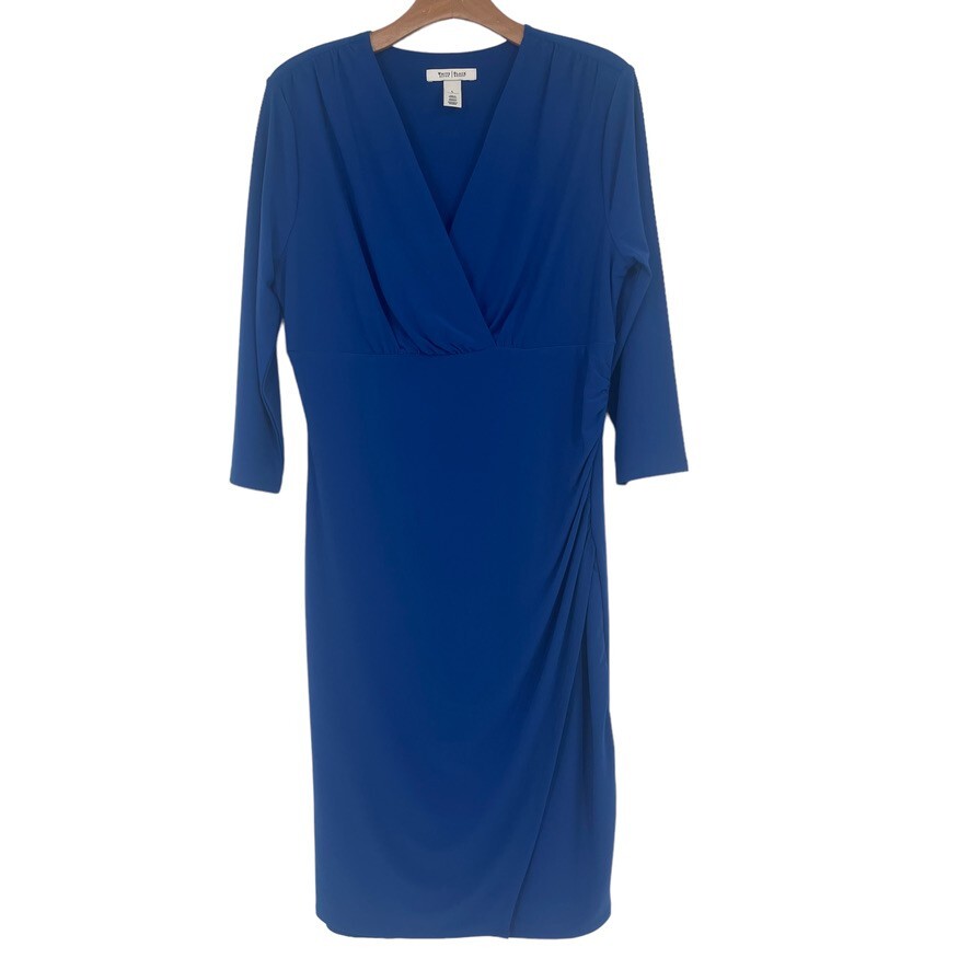 White House Black Market Royal Blue size large dress slimming knit lined ruched
