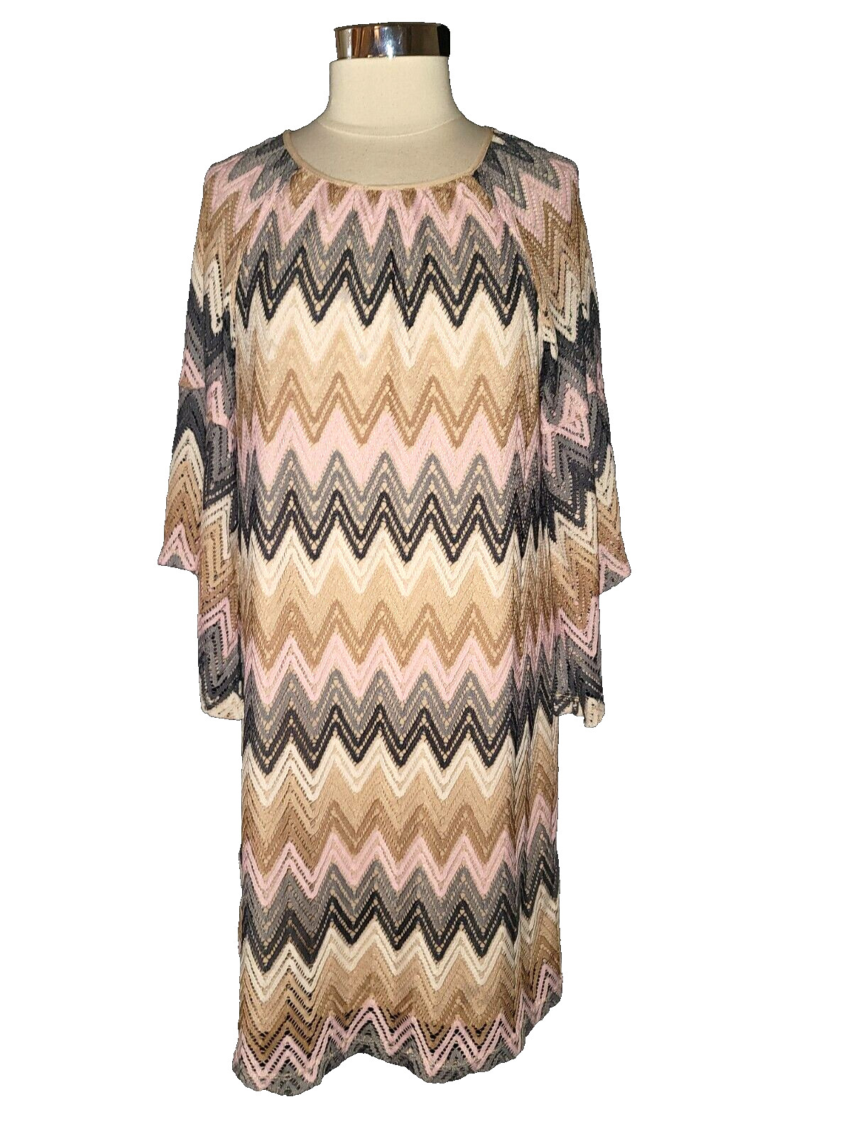 TACERA Plus Size 1X Shift Dress Pink Grey Brown Lace 3/4 Sleeve Knee Length
