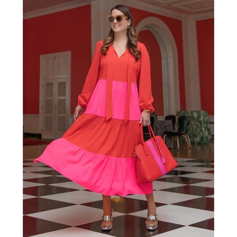 Sail to Sable Dress Women Small Red Pink Tiered Colorblock Bow Neck Midi Preppy