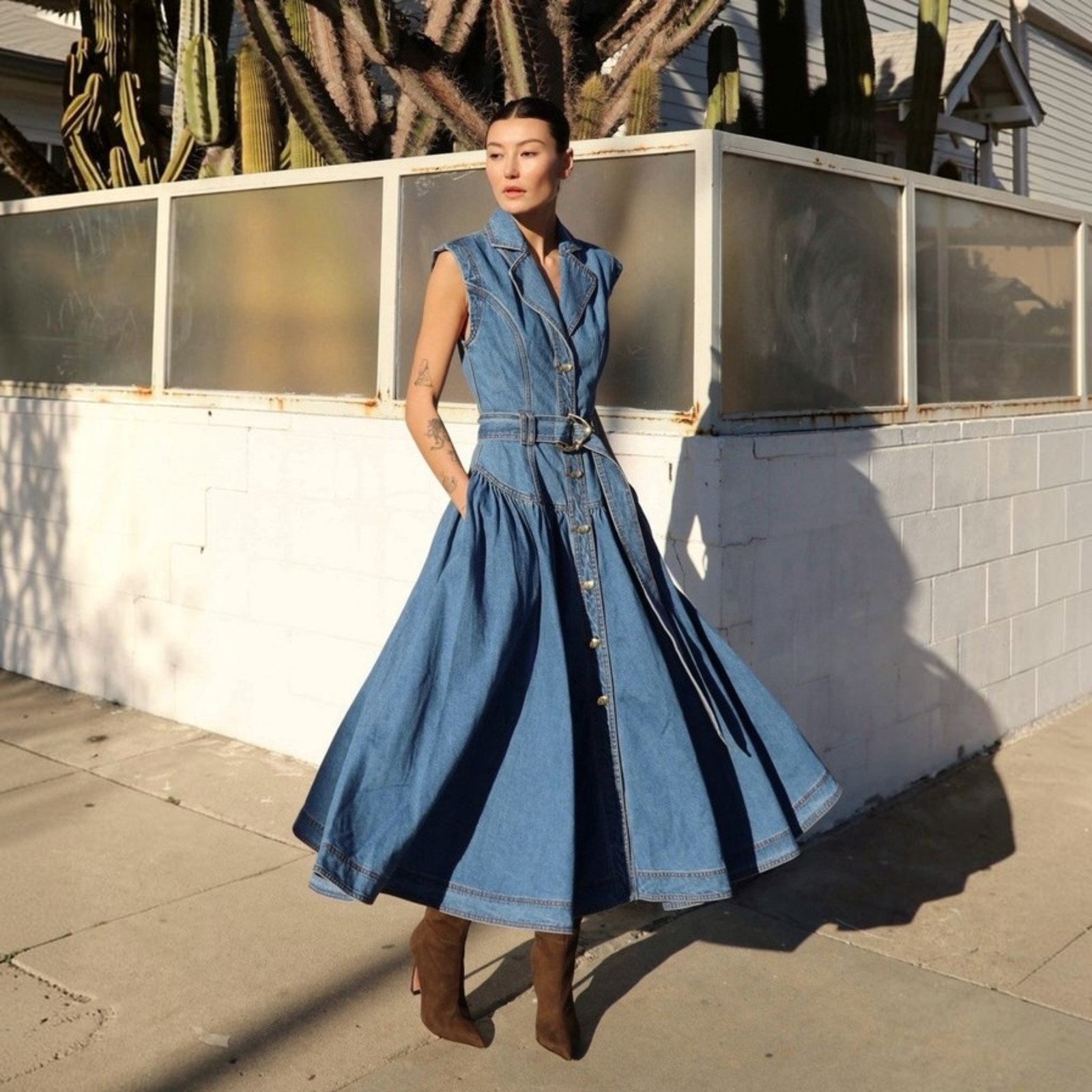Aje Elena Denim Dress Size AU 12 / US 8 Midi Belted Blue Buttoned Pockets