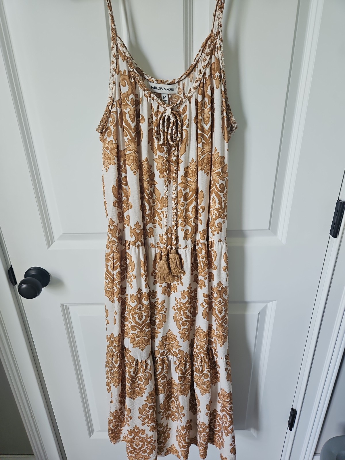 Harlow & Rose Womens Tan Cream Damask Print Tassel Braided Maxi Dress Medium