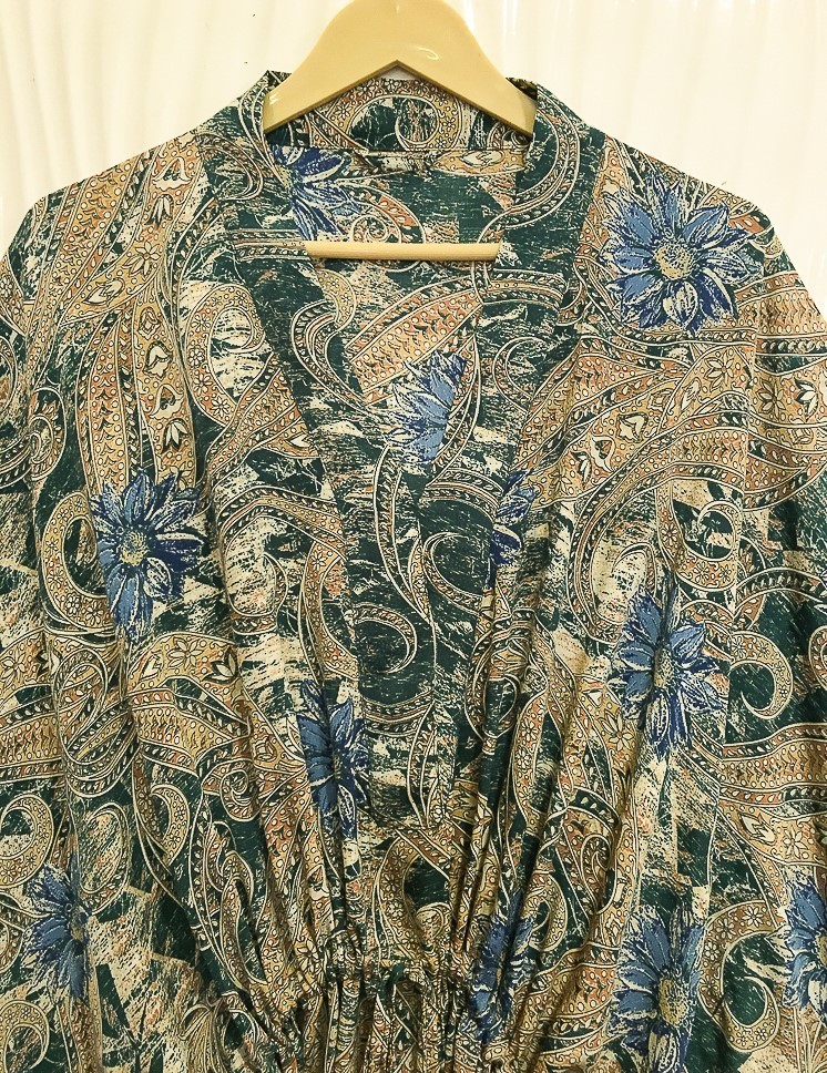 Silk Green Kaftan / Handmade Flowy Maxi Dress / Resort Wear Outfit MFN1077