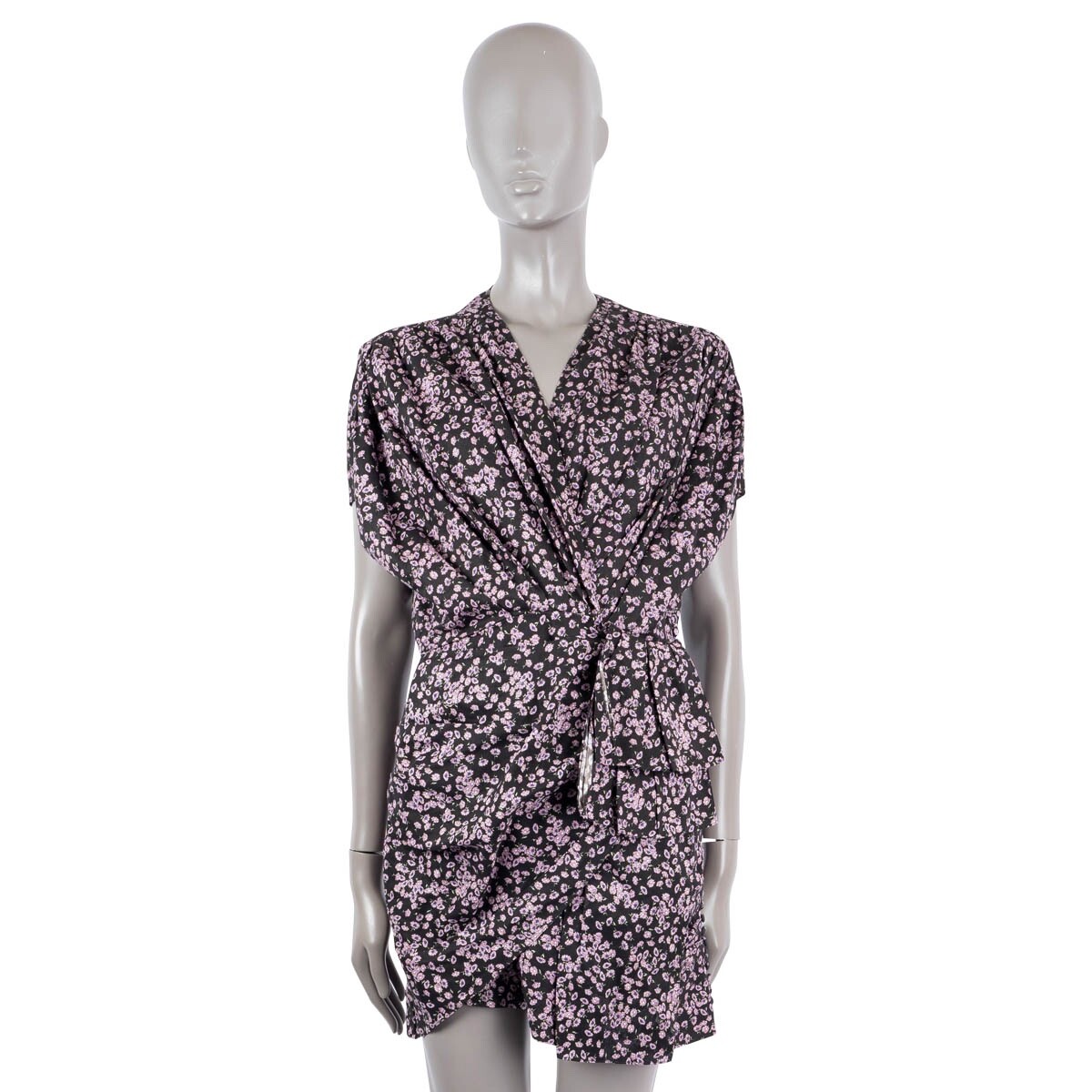 68084 auth MAGDA BUTRYM black & lilac viscose FLORAL DRAPED MINI Dress 38 S