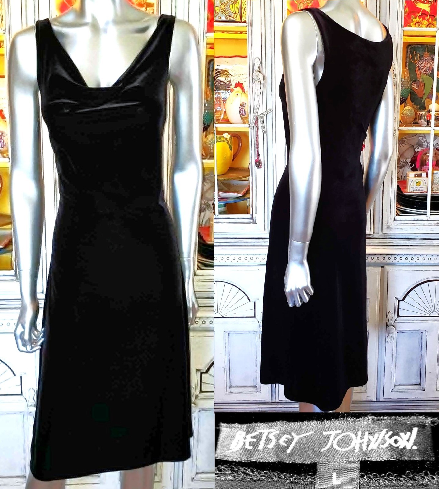 Betsey Johnson Vintage 90s Y2K Classic Black Stretch Velvet Midi Slip Dress Sz L