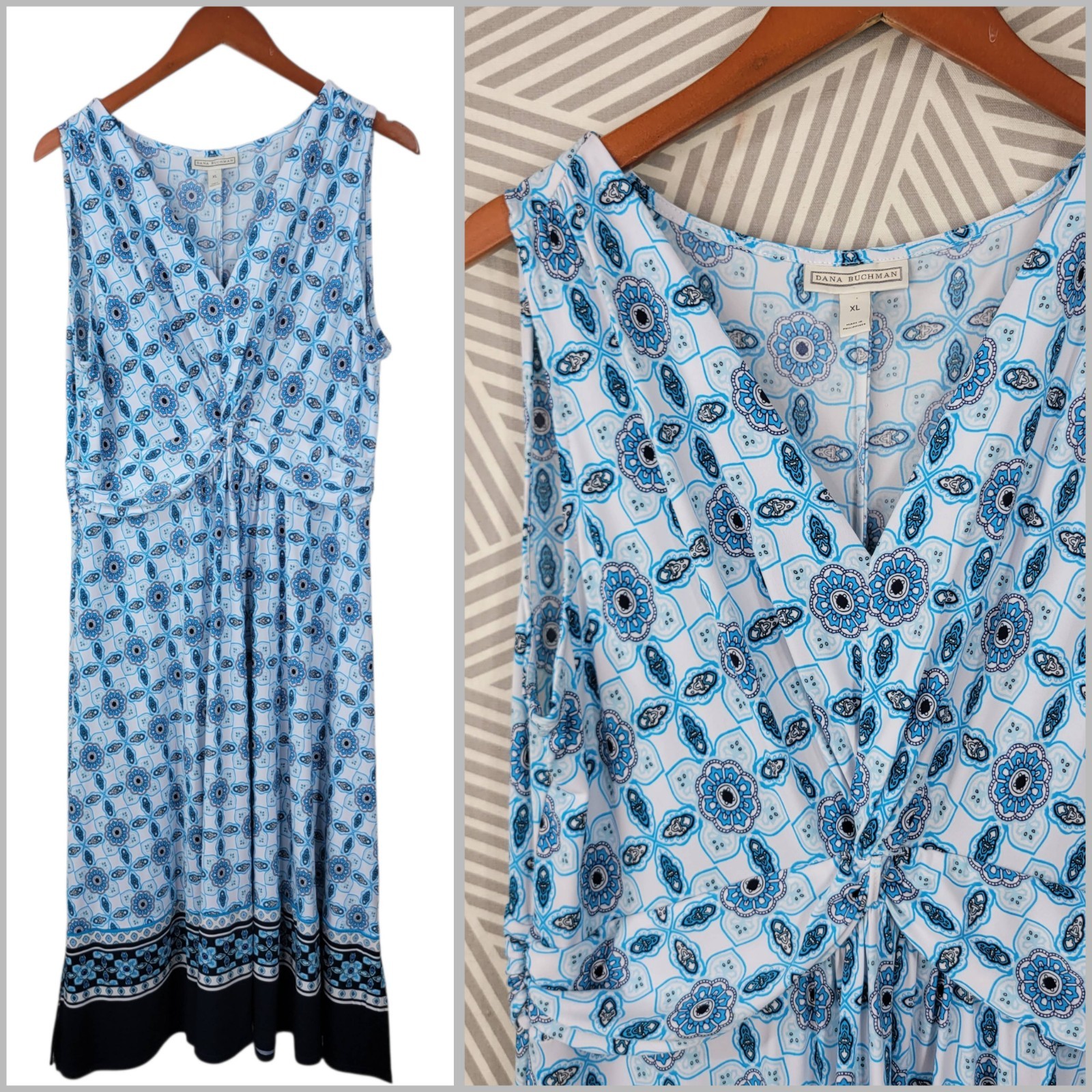 Dana Buchman Shirt Dress XL Casual Party Ikat Floral Blue White Knot Front Midi