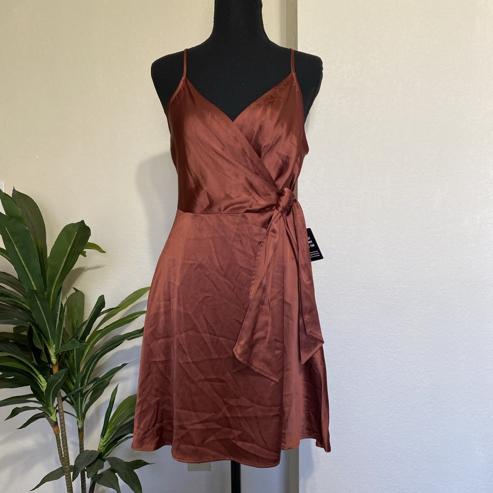 EXPRESS Satin Dress MP Fit Flare Spaghetti Tie Waist Faux Wrap Mini Rust NEW $78