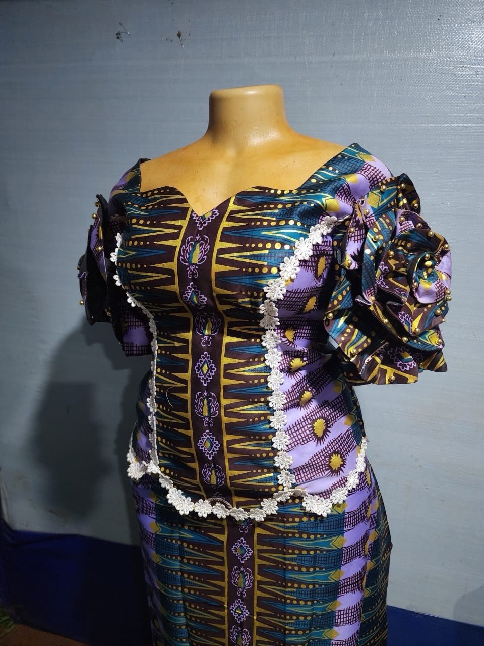 Women’s Ankara Cotton Maxi Dress Off Shoulder Puff Sleeve Ruffle One Size