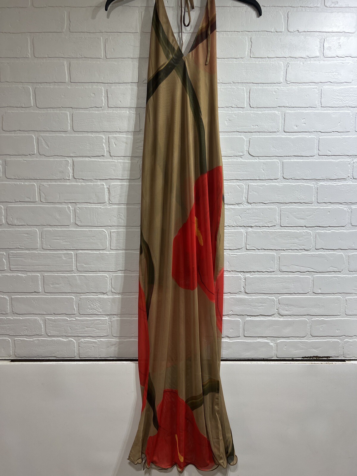 NWT! Scarlet Sage HALTER STRAP ANTHURIUM ANDRAEANUM PRINTS DRESS BEIGE $170 SM