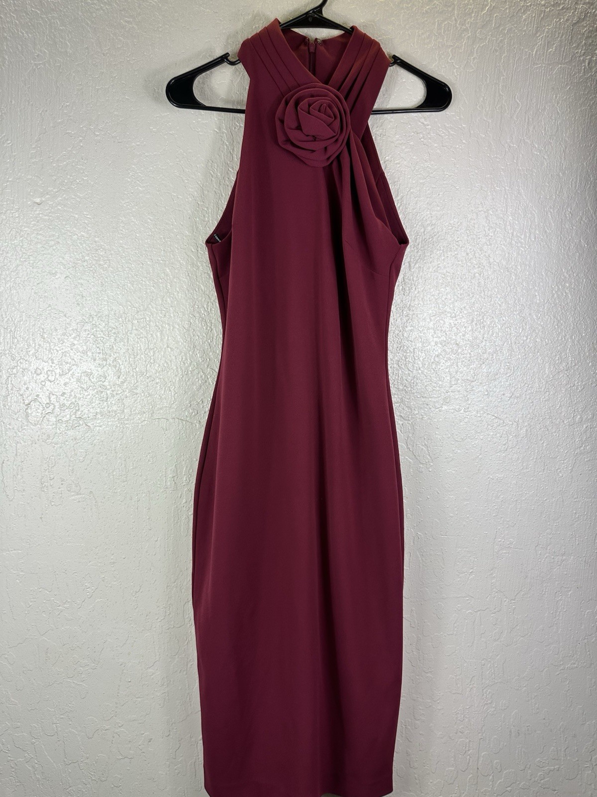 Rachel Roy Burgundy Crepe Sheath Halter Rosette Lined Zip Knee Dress Size S