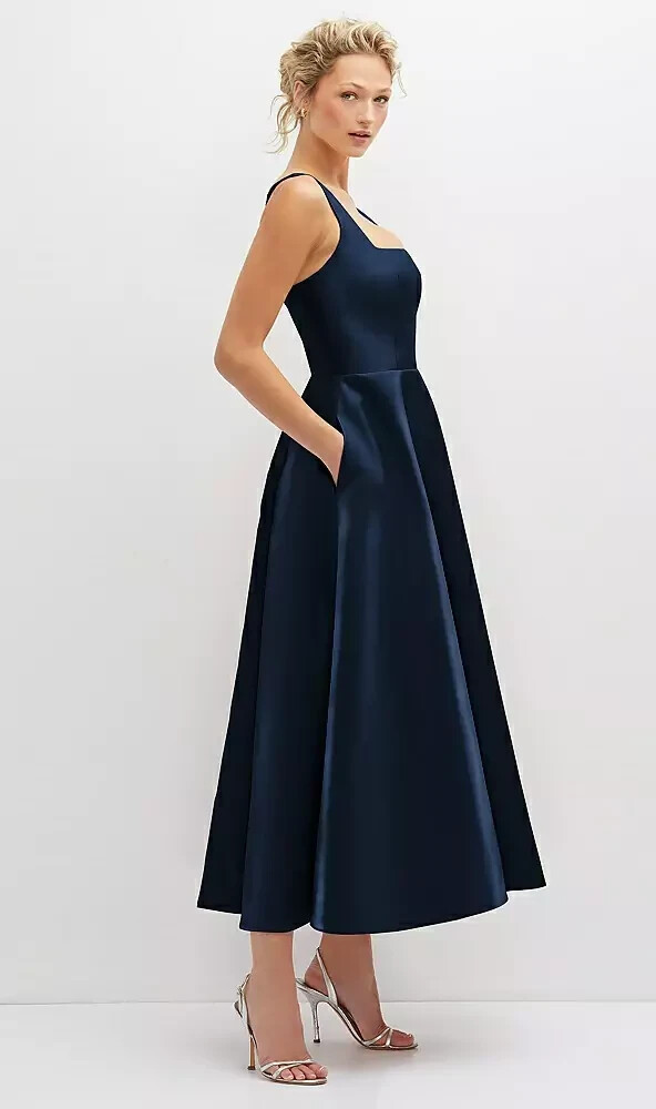 Dessy Collection Midnight Blue Square Neck Sateen Midi Gown Size 10 $248 3140