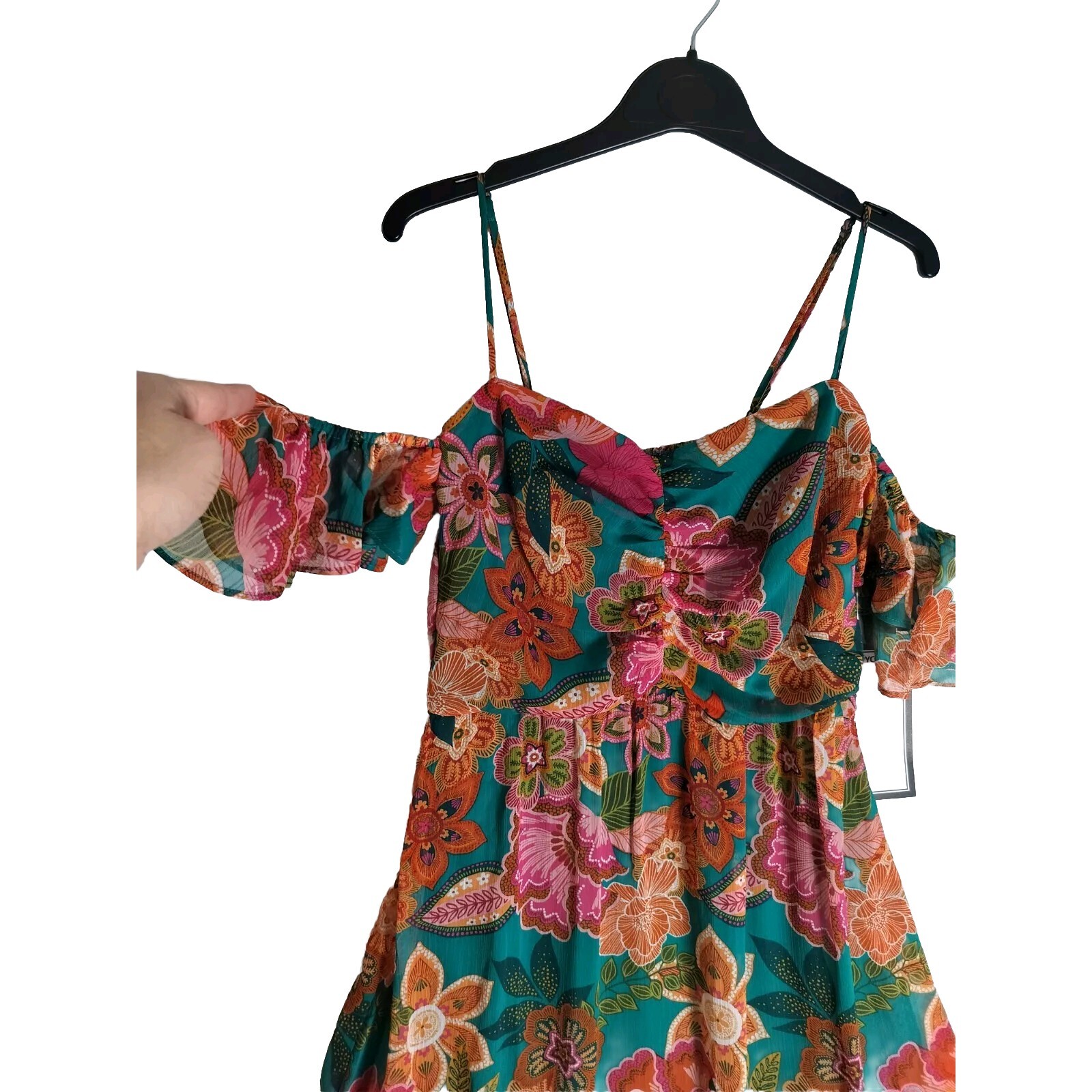 City Studios Orange-Teal Floral Print Off-The-Shoulder Midi Dress L Coastal Boho