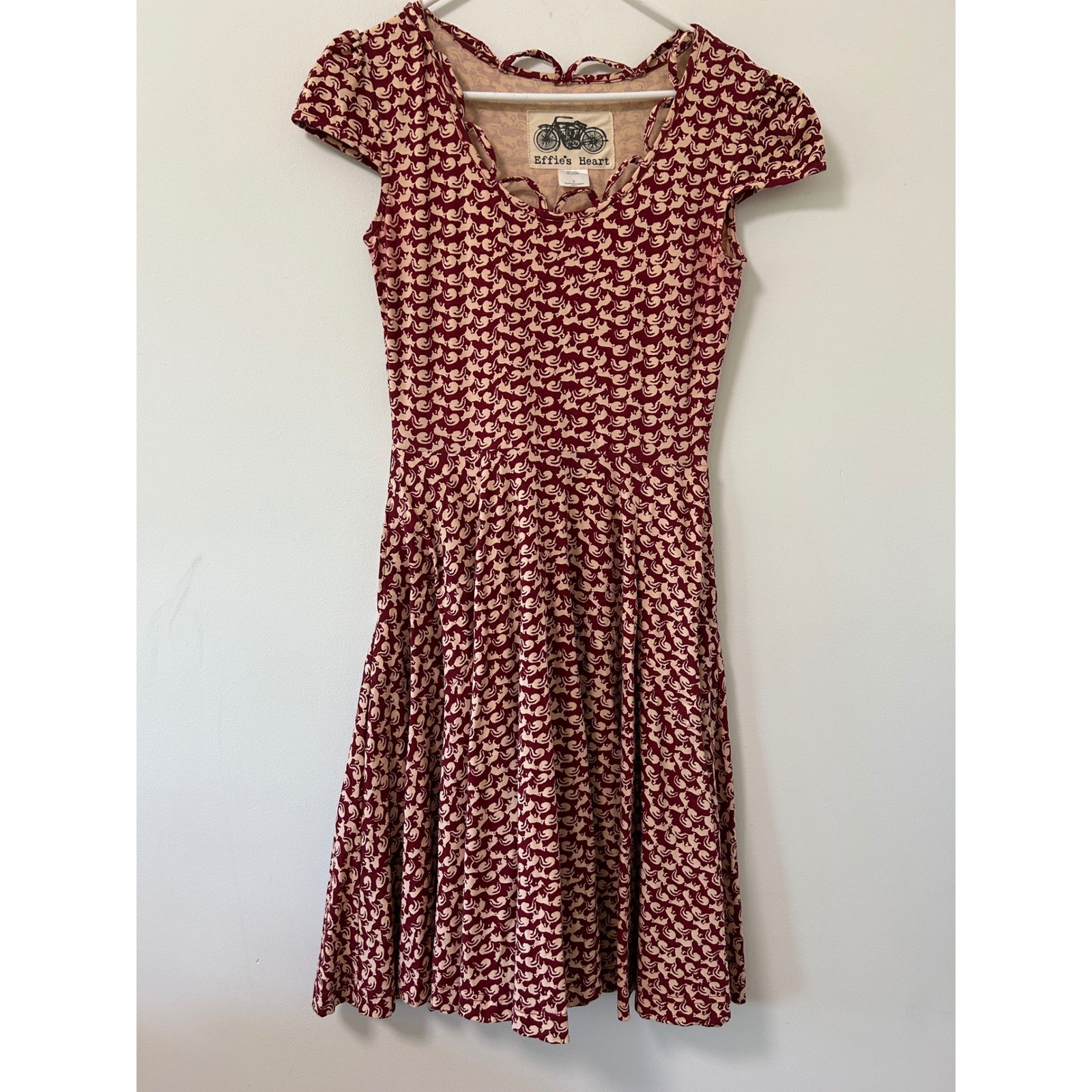 Effie’s Heart Burgundy Squirrel Print Fit and Flare Dress Pockets Small