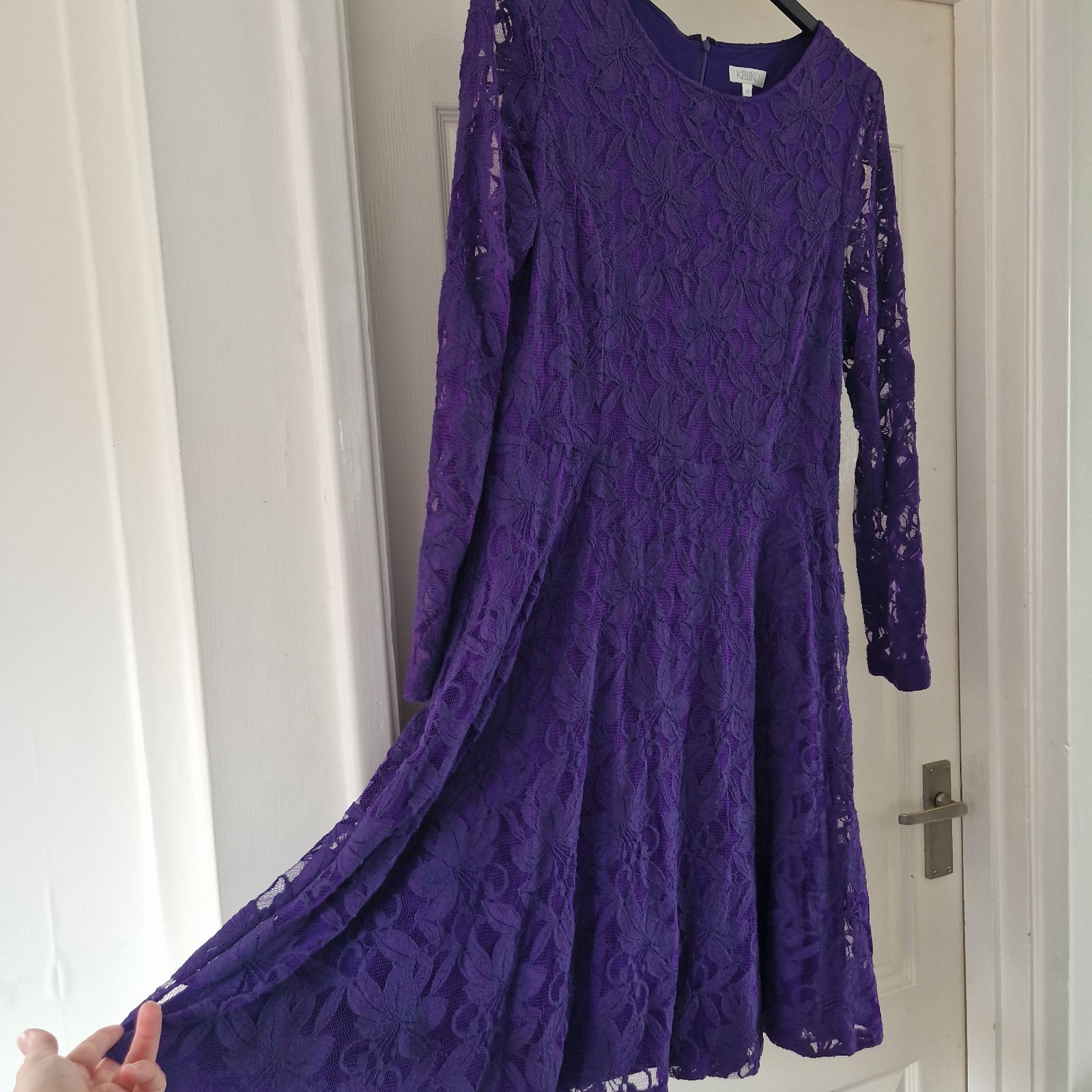 Kaliko Plus Size 18 Dress Purple Lace Sheer Lined Button Cuff Party Luxury