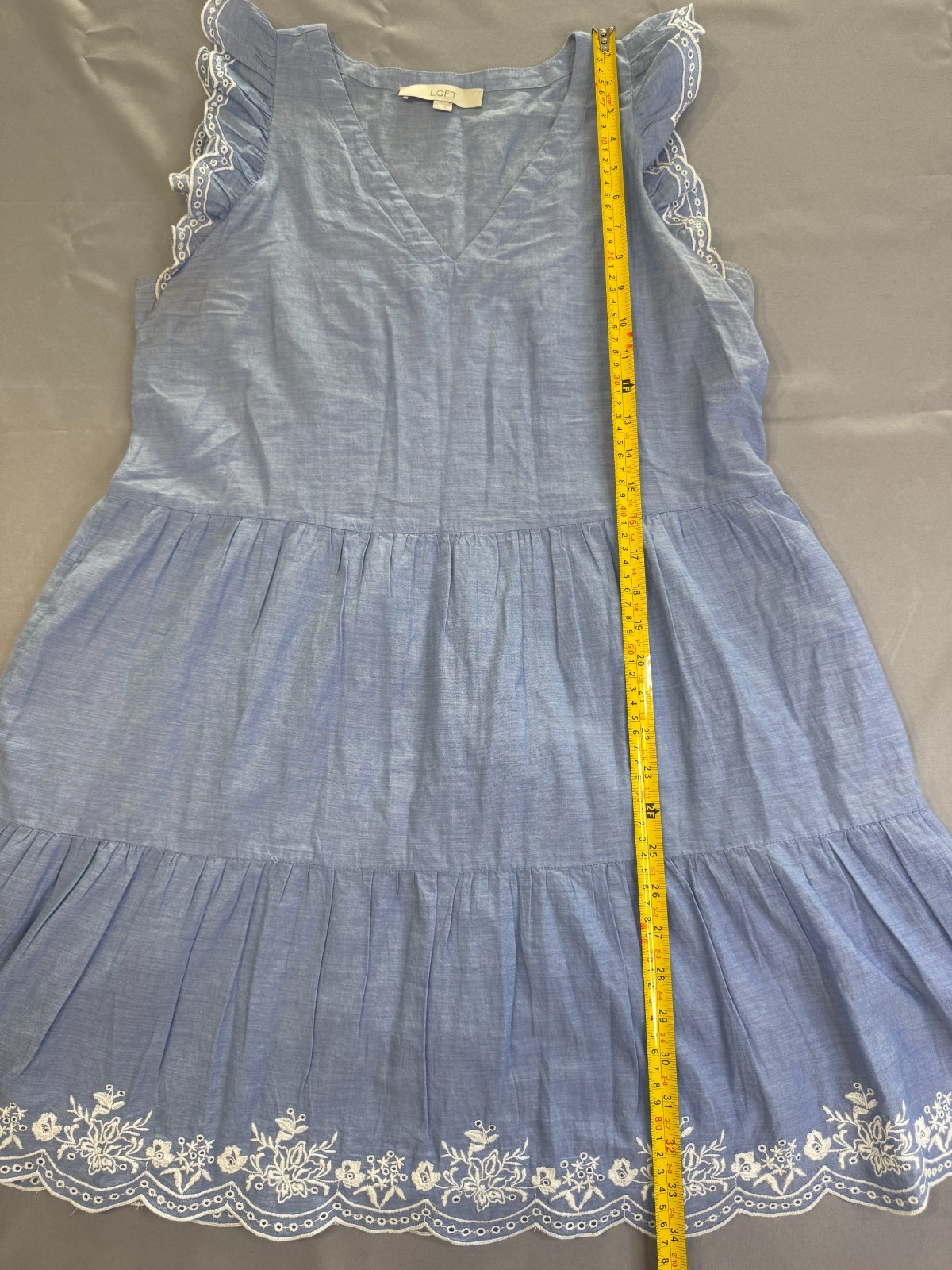 Loft Light Blue Sleeveless Tiered Mini Dress M With Pockets Embroidered Coastal
