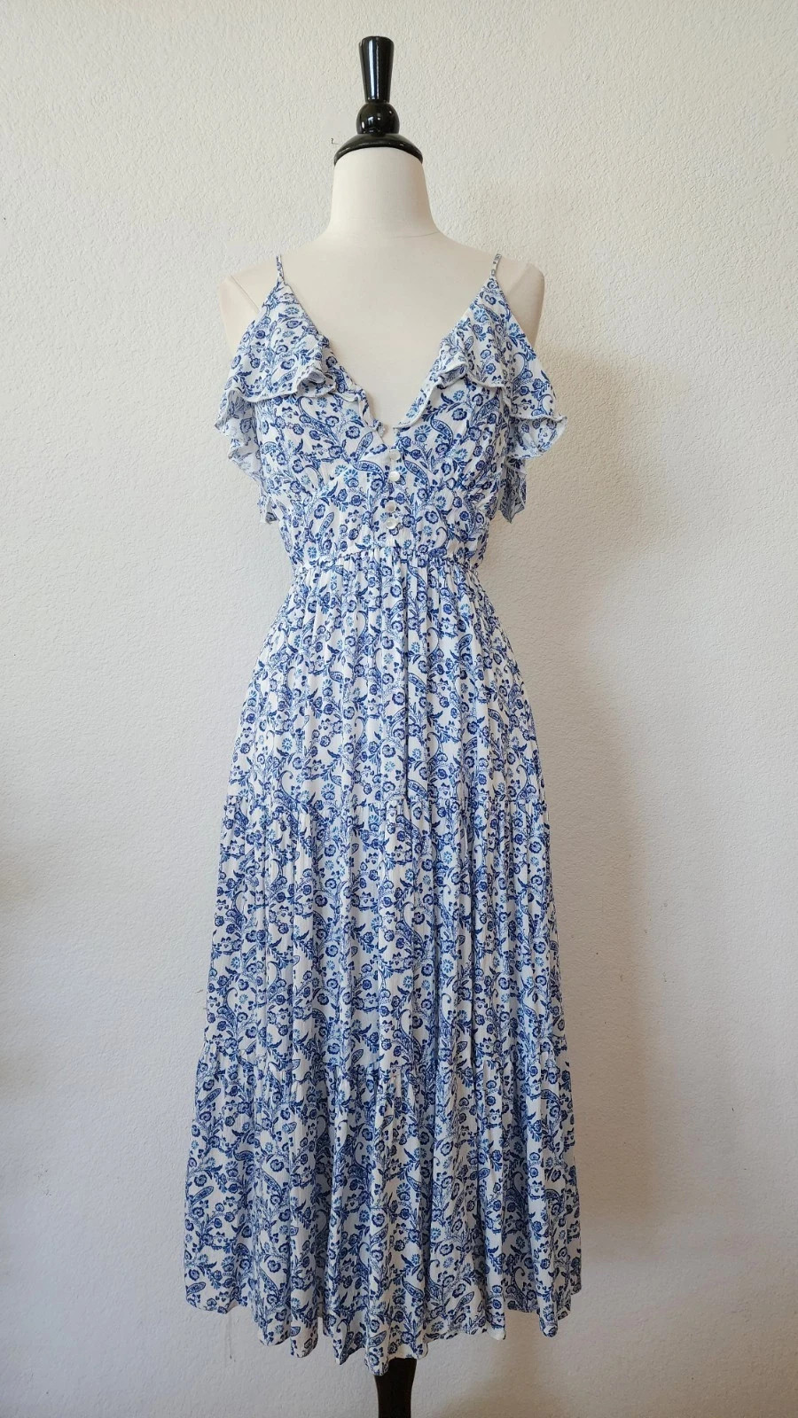 New Anthro Midi Dress Size Small Floral Blue Ruffle Coquette Cottage Boho