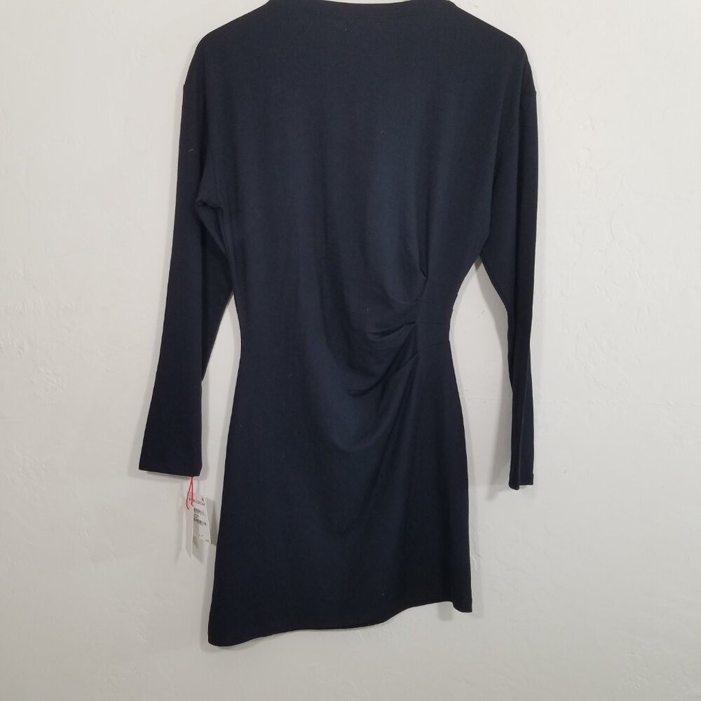NWT Open Edit Gathered Long Sleeve Asymmetric Hem Mini Dress Black Stretch S