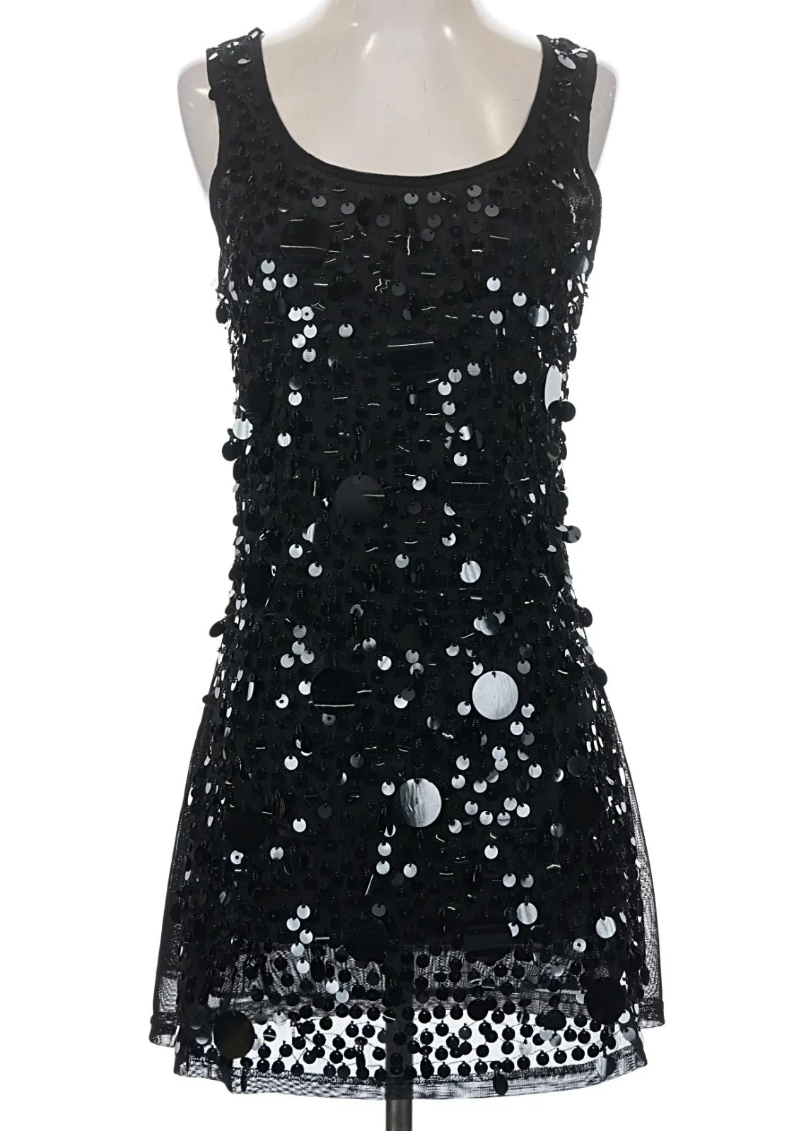 READ! Vintage 90s Black Paillette Sequin Scoop Neck Sleeveless Clubbing Dress