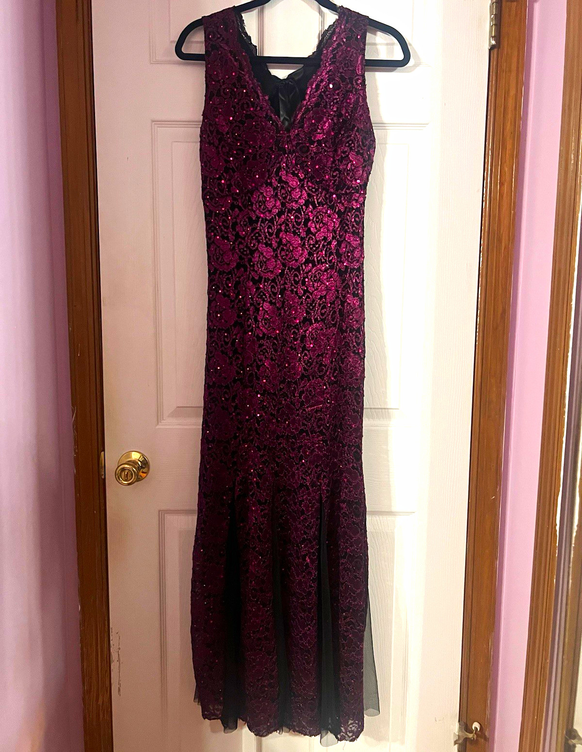 Maroon Lace Sequin Floral Long Gown Dress Sleeveless V-Neck Bow Women Size S
