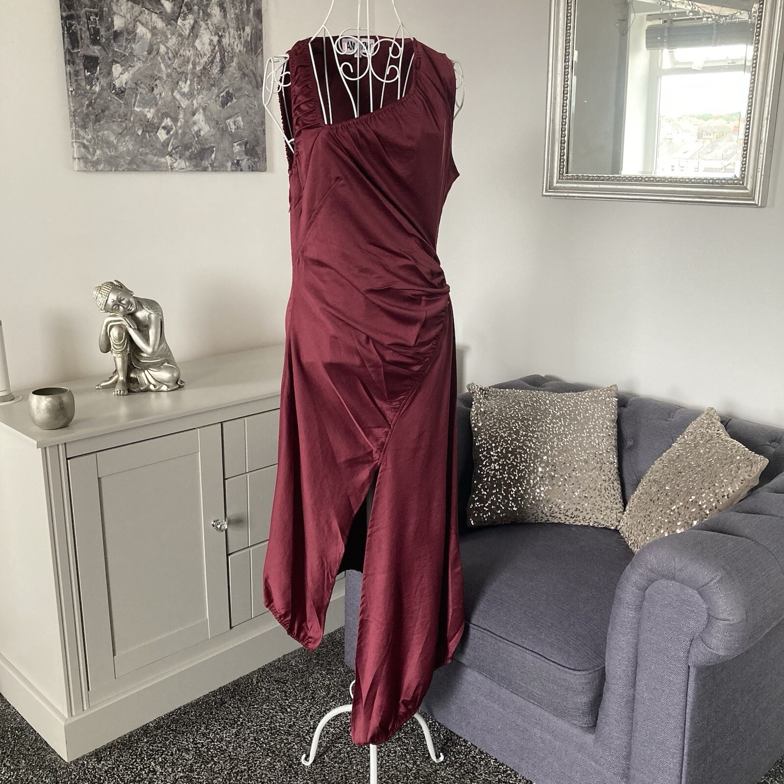Amy Lynn Wine Satin Slant Neck Sleeveless Gathered Asymmetric Hem Midi Dress 12