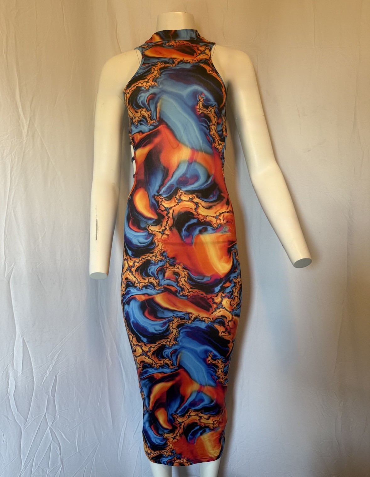 SHEIN BAE Womens Marble Print Cutout Open Back Mock Neck Bodycon Midi Dress NWT
