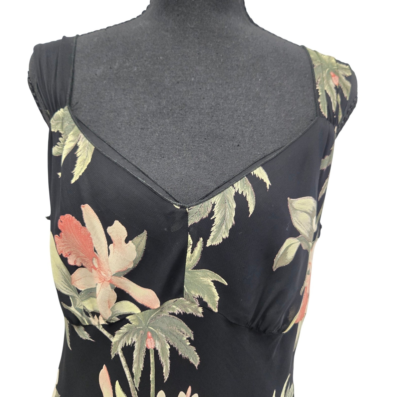 Tropical Palm Floral Midi Dress Black Rayon Sleeveless Resort Vacation Large