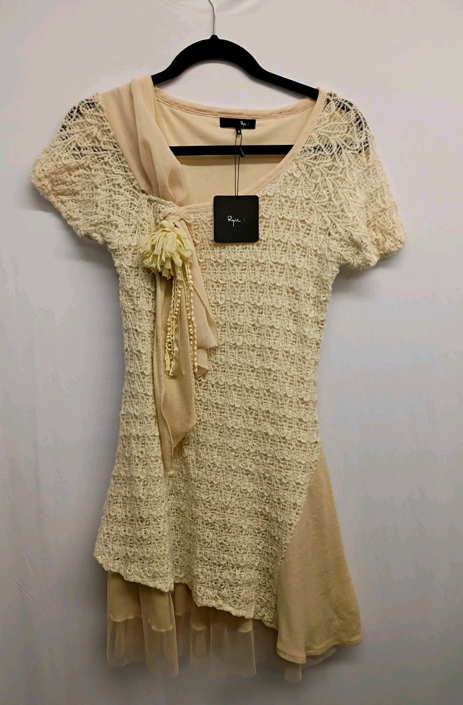 Ryu Size S Cottagecore Fairycore Boho Lace Crochet Mesh Dress Cream Off-white