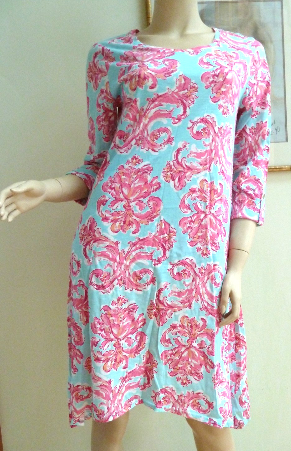 Caribbean Joe Dress Small Cotton Rayon 3/4 Sleeve Angled Hem Blue Pink Coral
