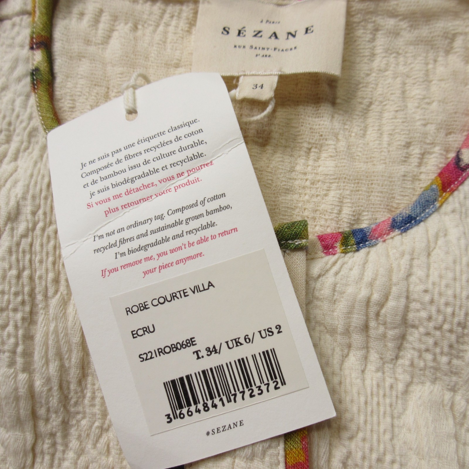NWT Sezane Villa in Ecru Jacquard Sleeveless Mini Shirt Dress 34 / 2
