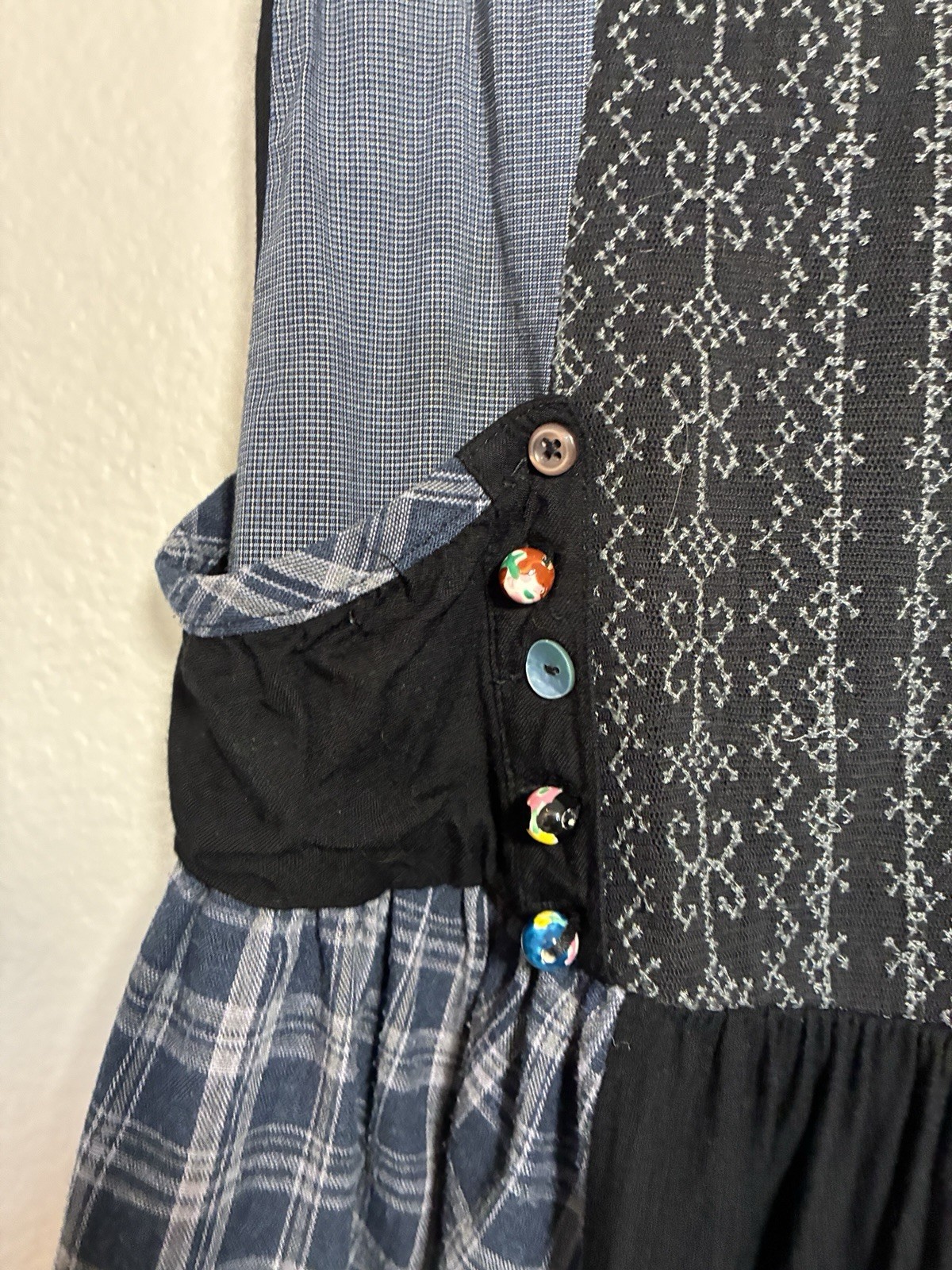 Desigual Plaid Patchwork Sleeveless A-Line Dress Size M Blue/Black Zip Pockets