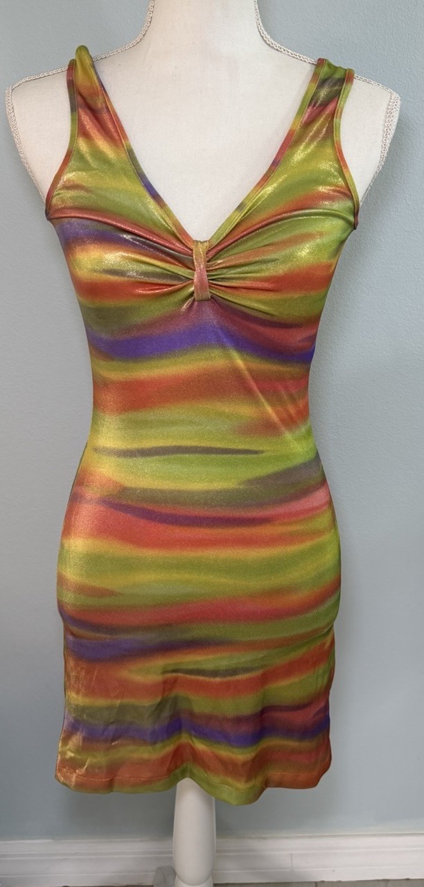 Y2K Rainbow Swirl Bodycon Mini Dress Ruched Bust Stretch Festival Clubwear Sz S
