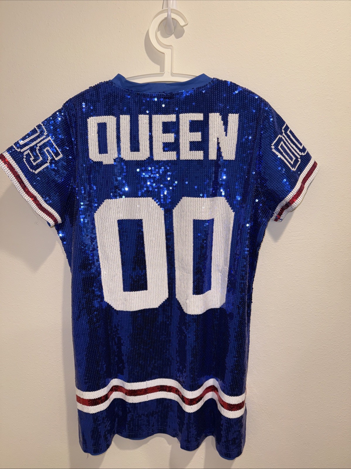 $220 NWT Queen Of Sparkles Sequin Jersey Dress 2XL Blue White Red College Sports