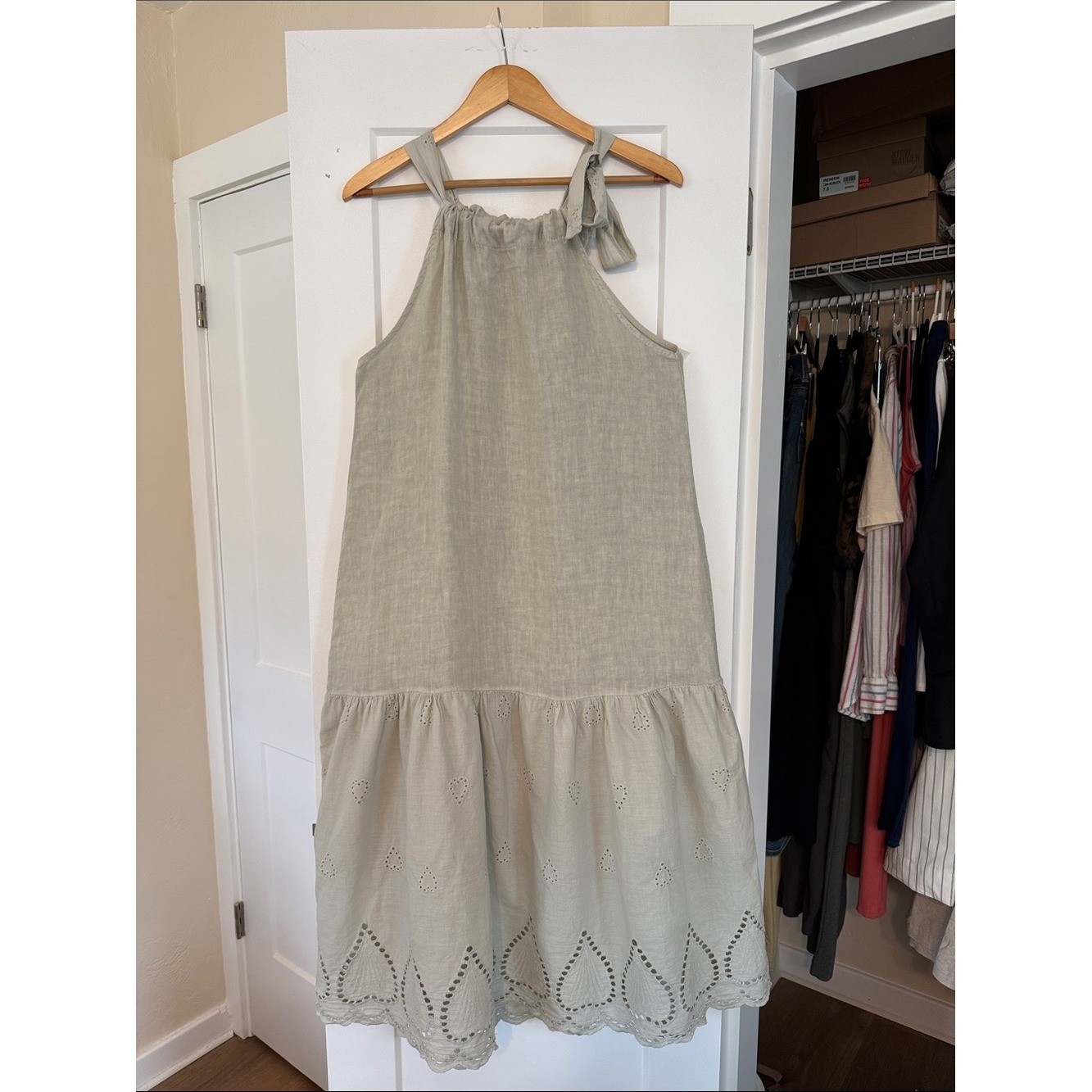 Valentina Naldi Made in Italy 100% Linen Eyelet Tie Shoulder Midi Dress M
