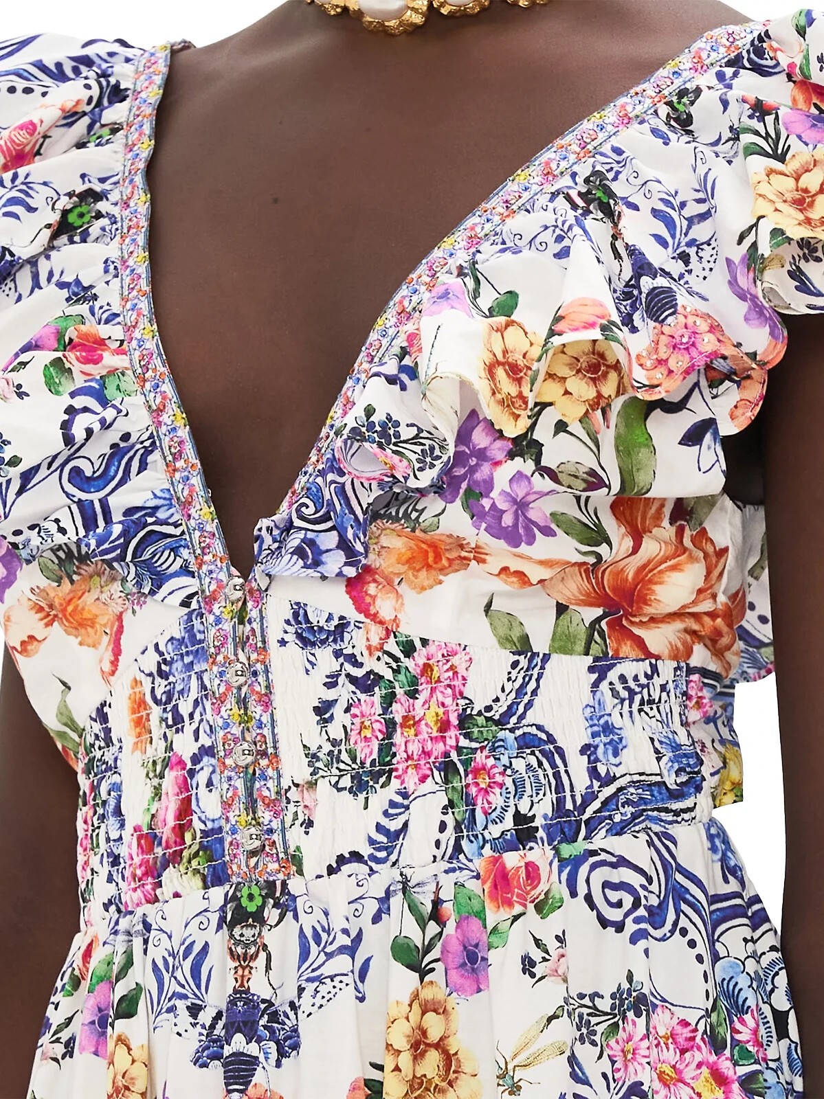 CAMILLA “Dutch Is Life” Tiered Frill Cotton V-Neck Open Back Maxi Dress, L $899