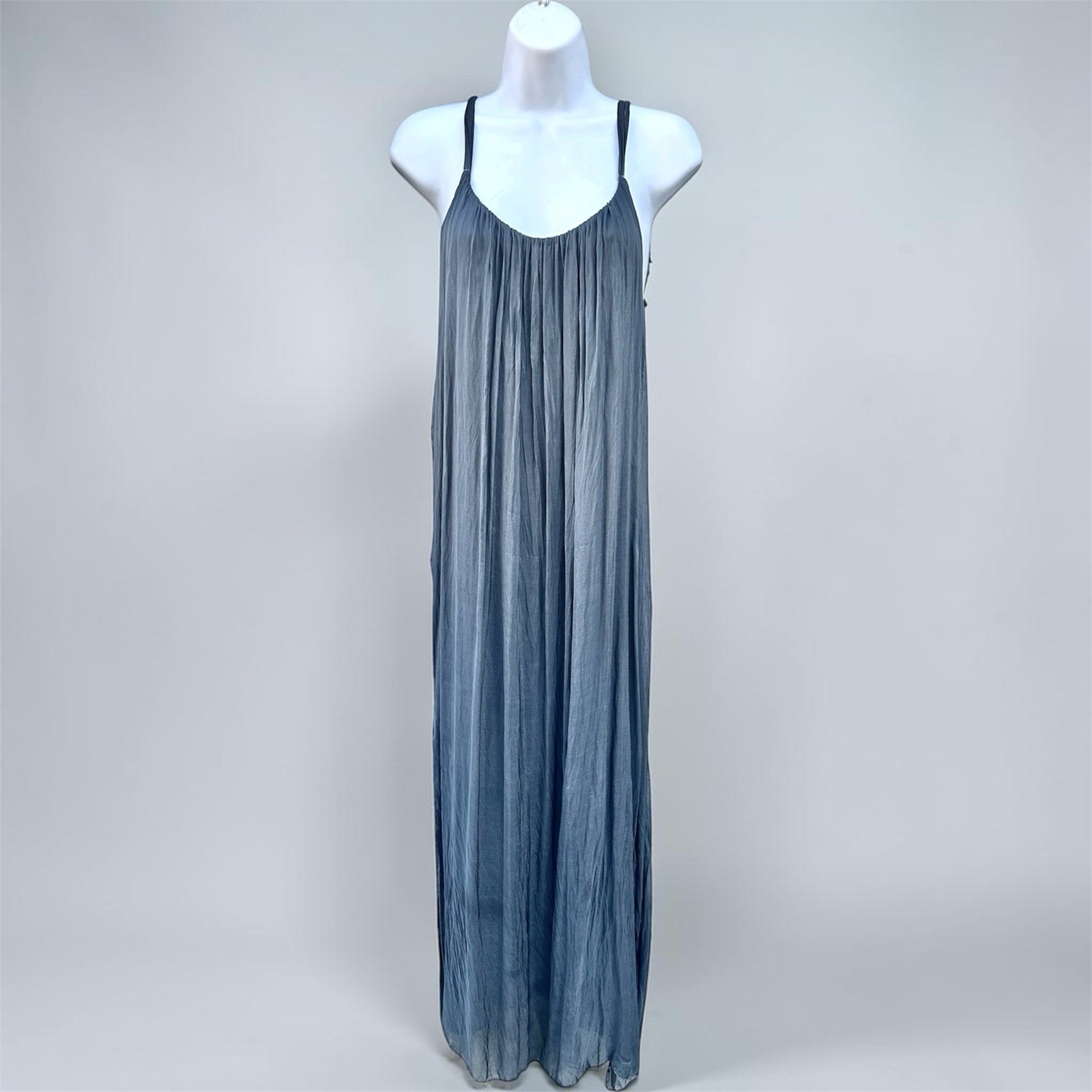 Meo Meli Italy Maxi Silk Slip Dress One Size Slate Blue Sheer Spaghetti Straps