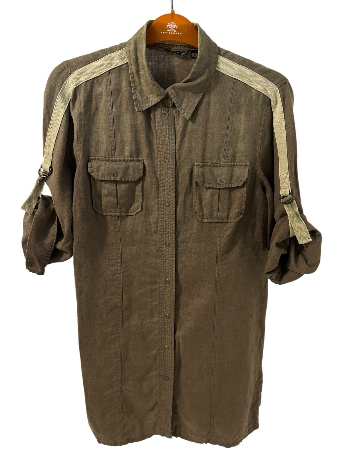 Ecologie Linen Shirt Dress Tunic Sz XL Green Snaps Chest Pockets Roll Tab Sleeve