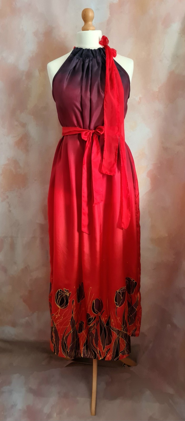 Bespoke Hand Painted Signed Silk Red/Black Tulips Summer Party Dress with Shawl