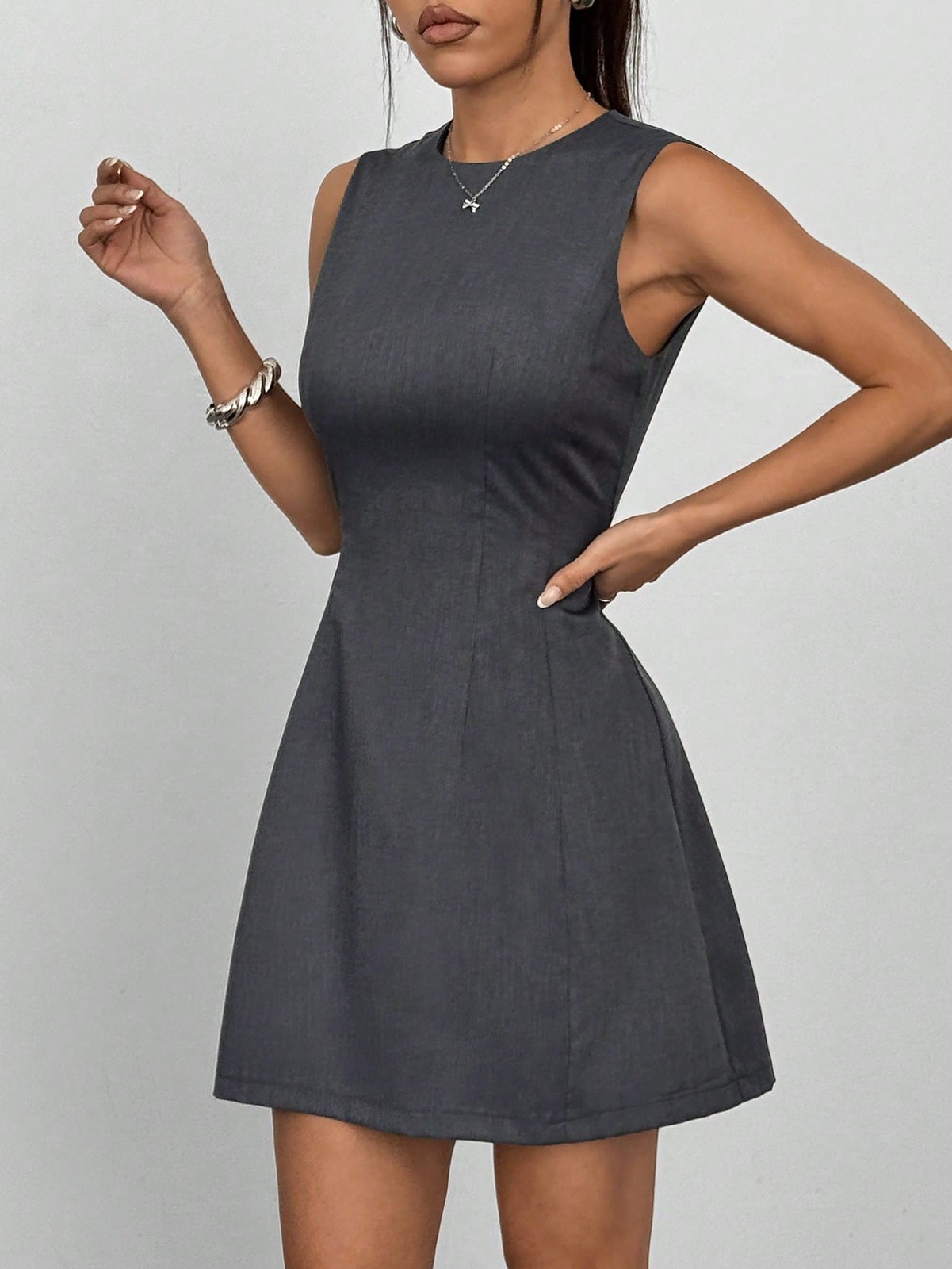 Vintage Ladies Sleeveless Dark Grey Mini Dress