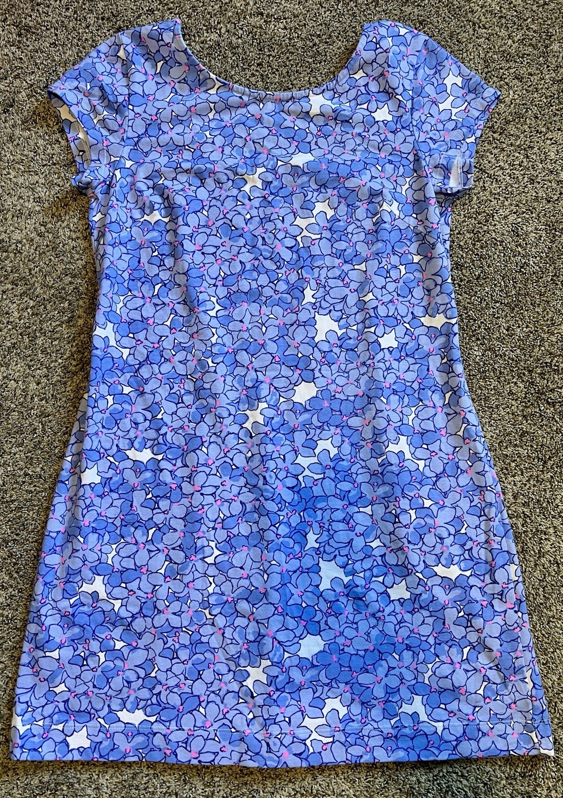Mahi Gold Sz LARGE Tropical Floral Scoop Back Mini Dress Purple Beach Resort USA