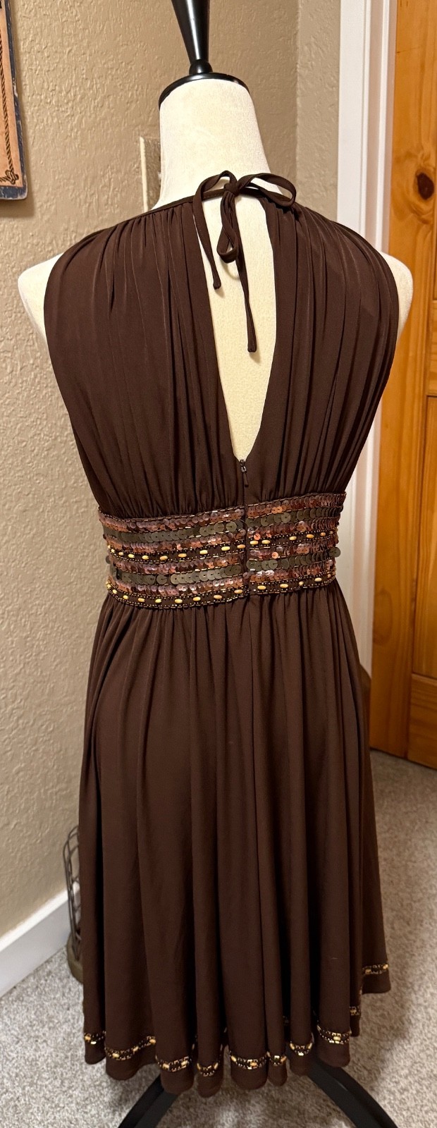 JS Boutique Brown Pleated Rhinestone Beaded Halter Cocktail Dress Size 6 Petite